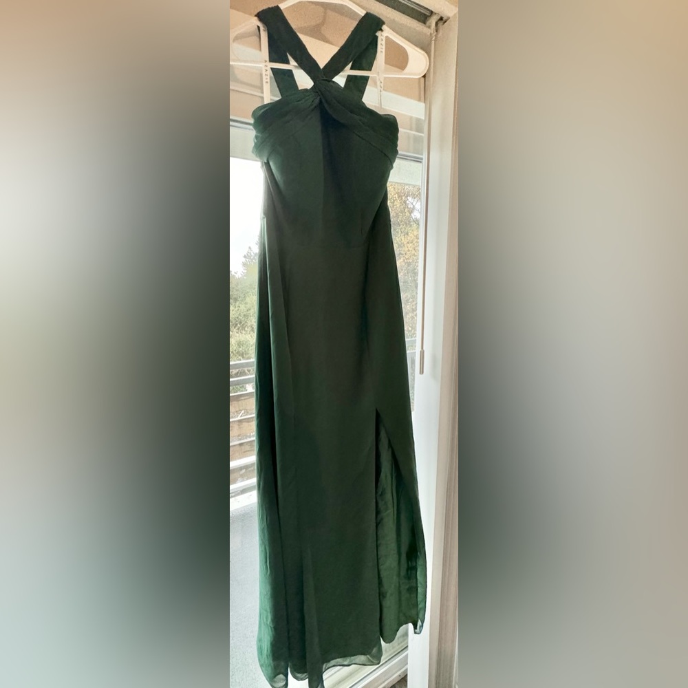 Azazie Rue Green Halter Maxi Dress with slit and opening on the back. Size 6